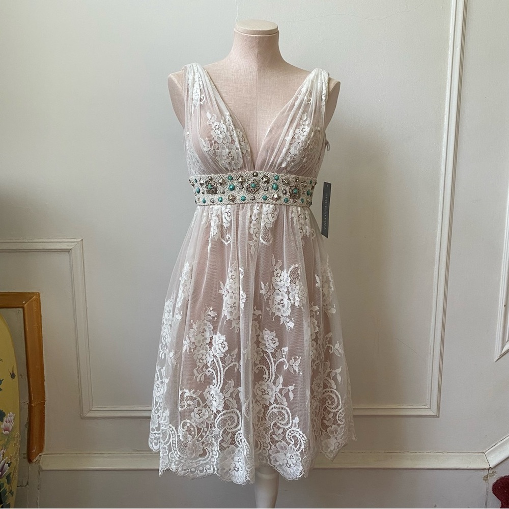 Sherri Hill Ivory Lace Cocktail Dress with Beaded Waist